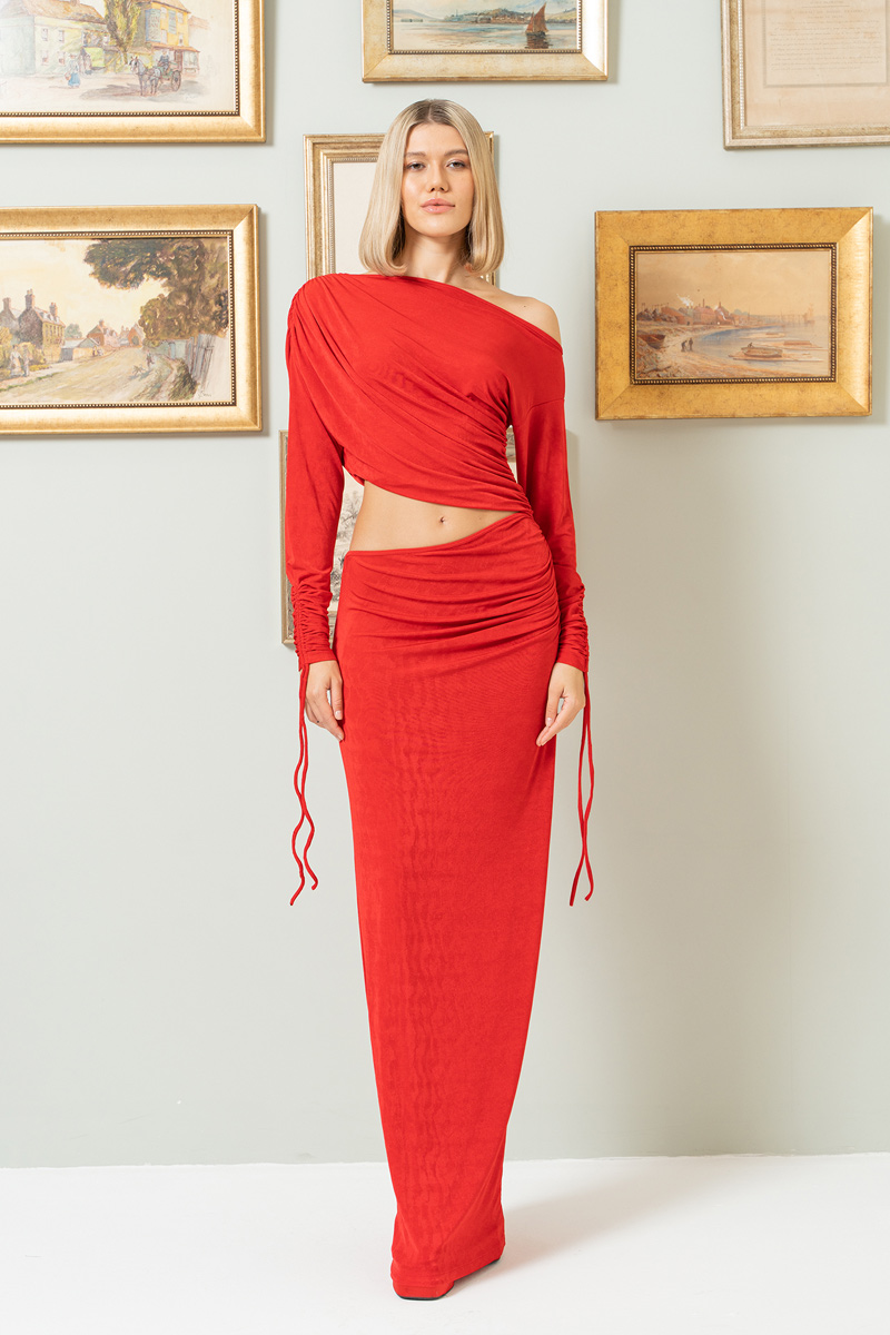 Wholesale Red Cut Out Boat Neck Maxi Dress
