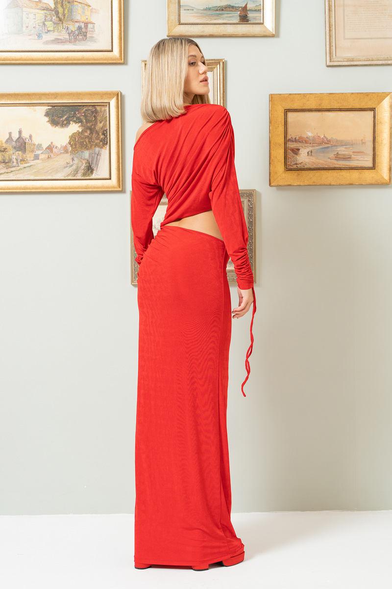 Kırmızı Bel Dekolteli Kayık Yaka Maxi Elbise