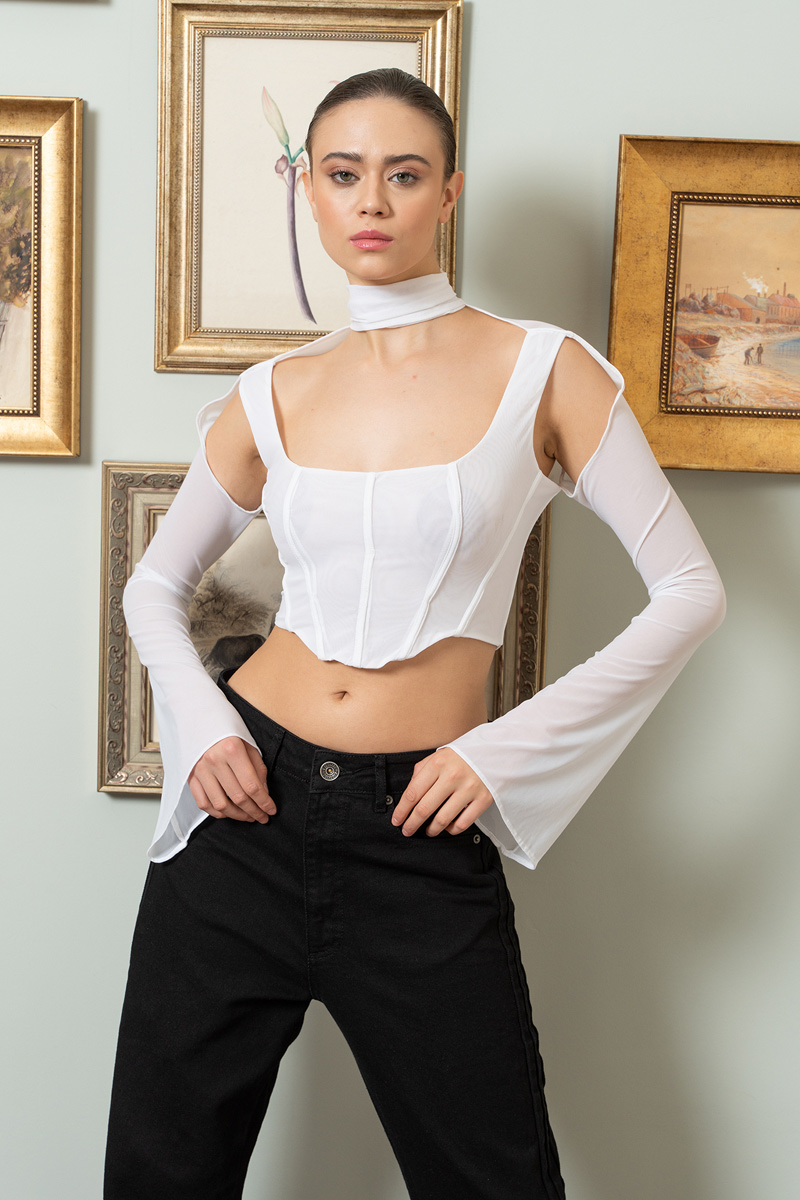 Wholesale Offwhite Crop Mesh Top
