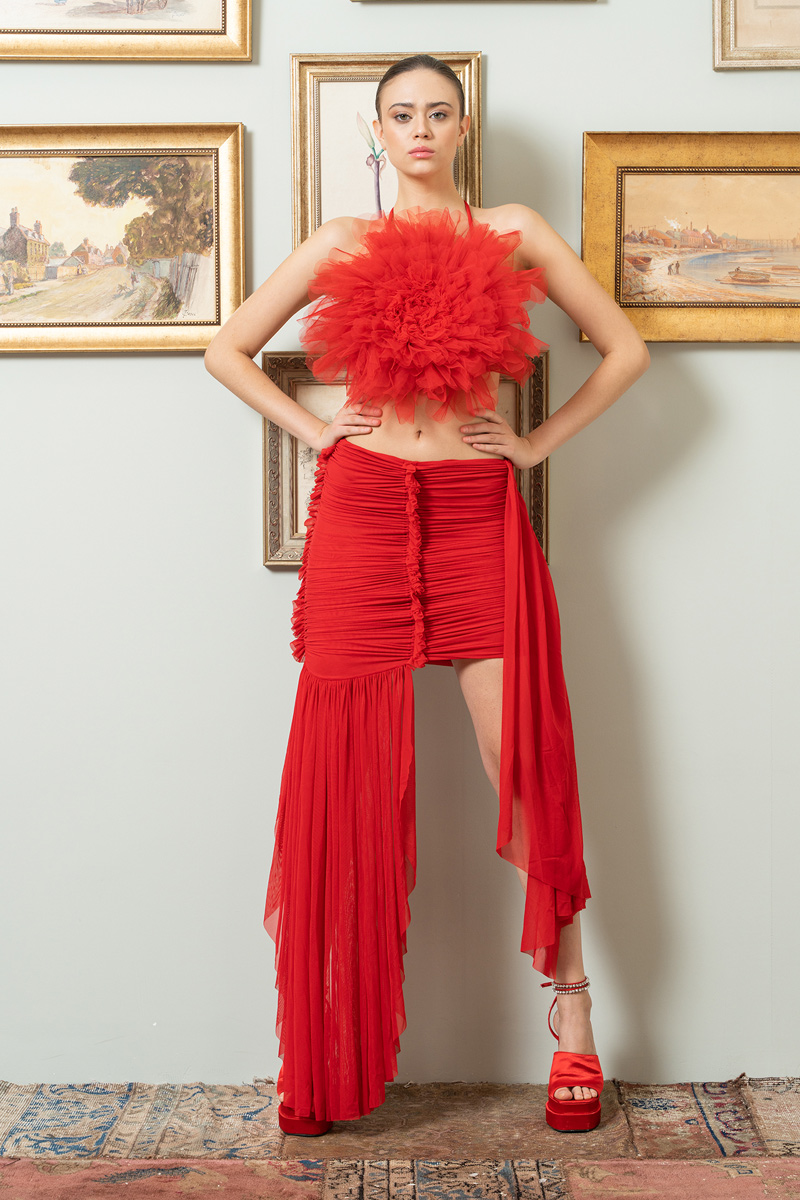 Wholesale Red Ruffle-Accent Top