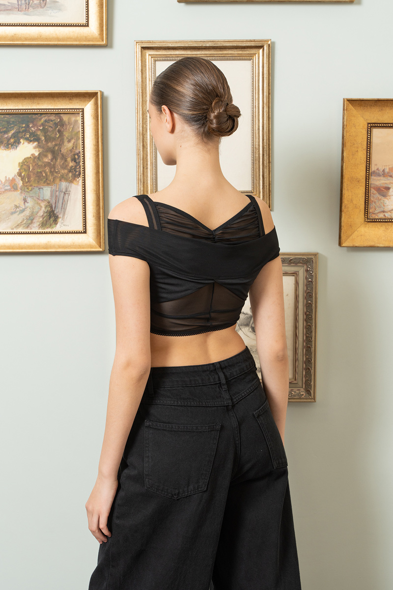 Wholesale Black Ruched Mesh Double Top