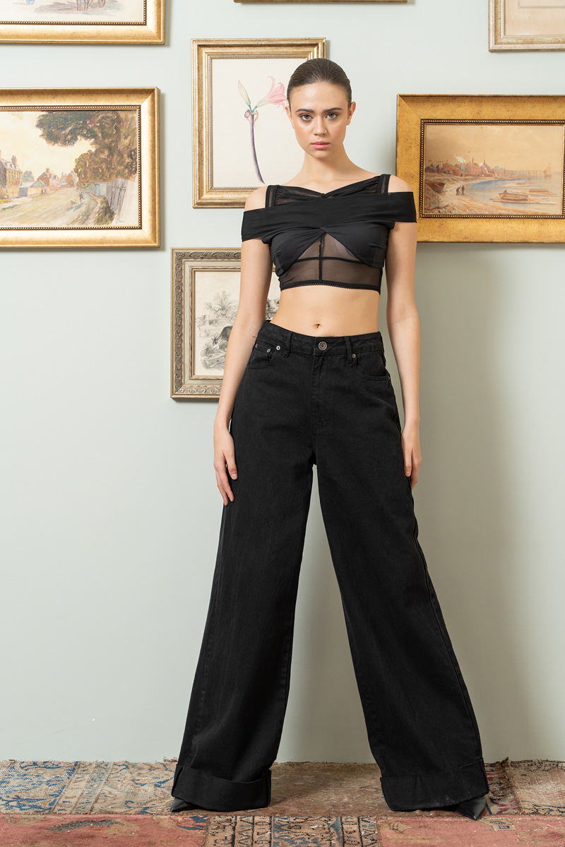 Wholesale Black Ruched Mesh Double Top