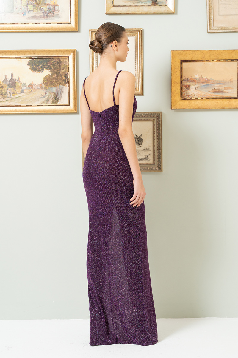 Wholesale Glittery Purple Plunging Split-Let Maxi Dress