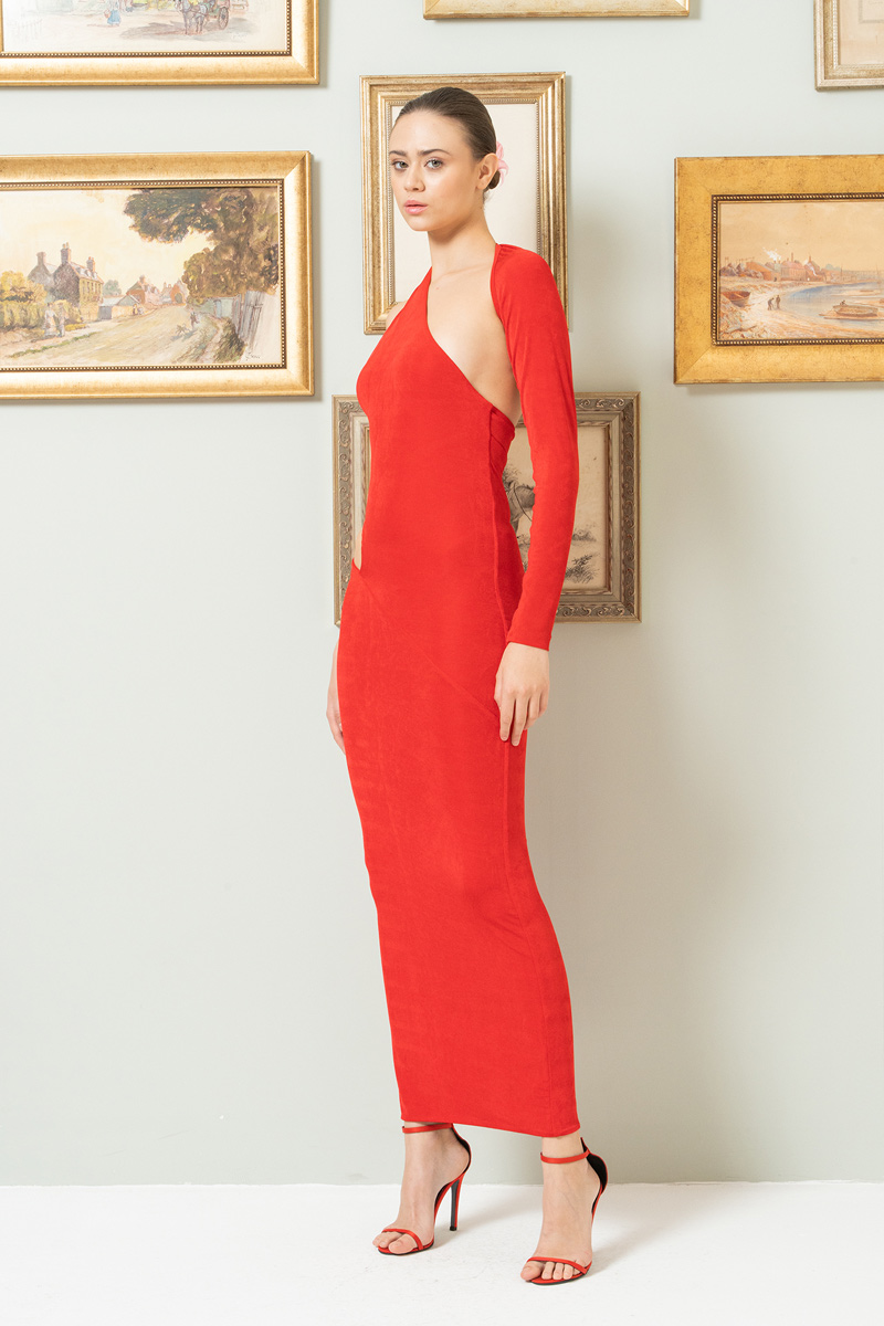 Red Cut Out One-Shoulder Dress