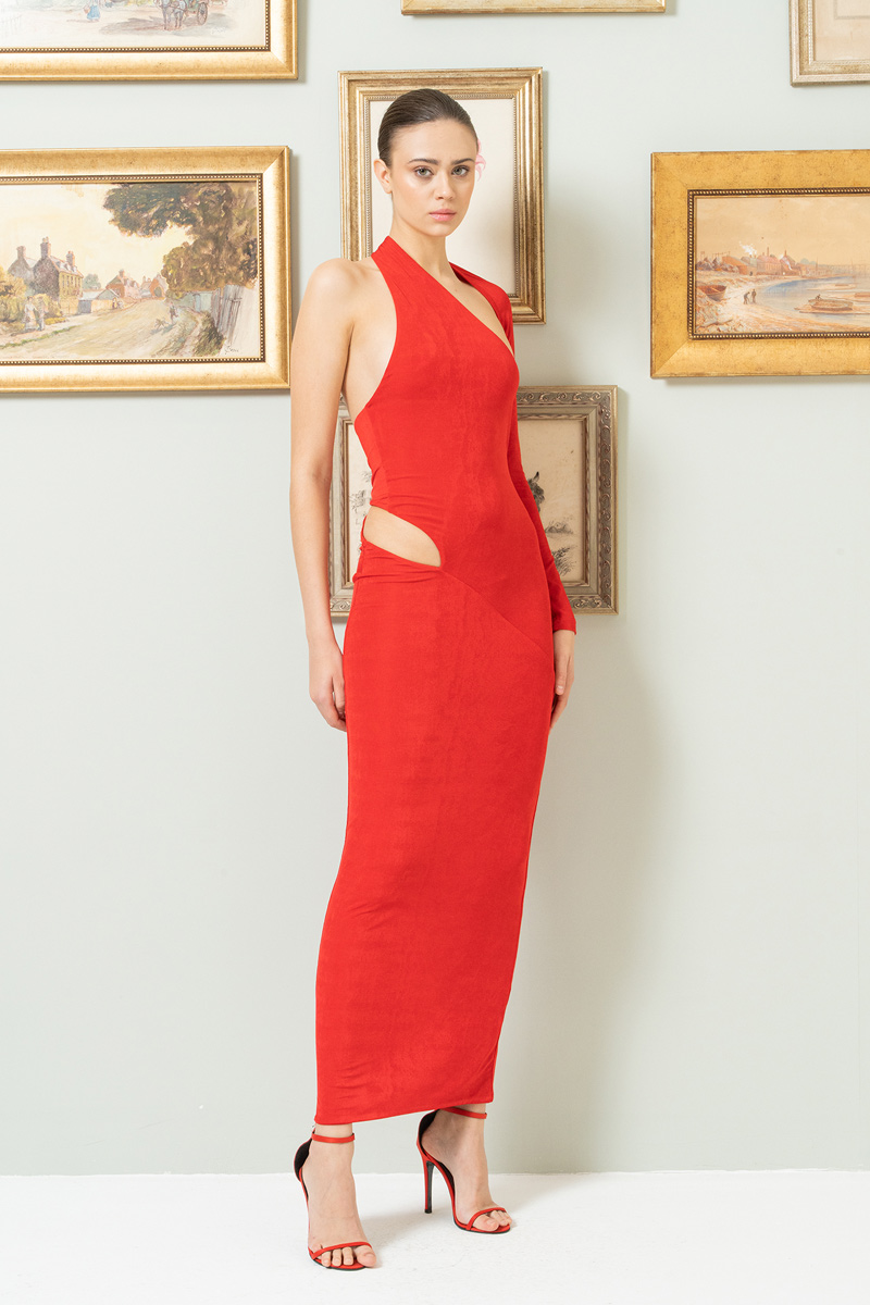 Red Cut Out One-Shoulder Dress