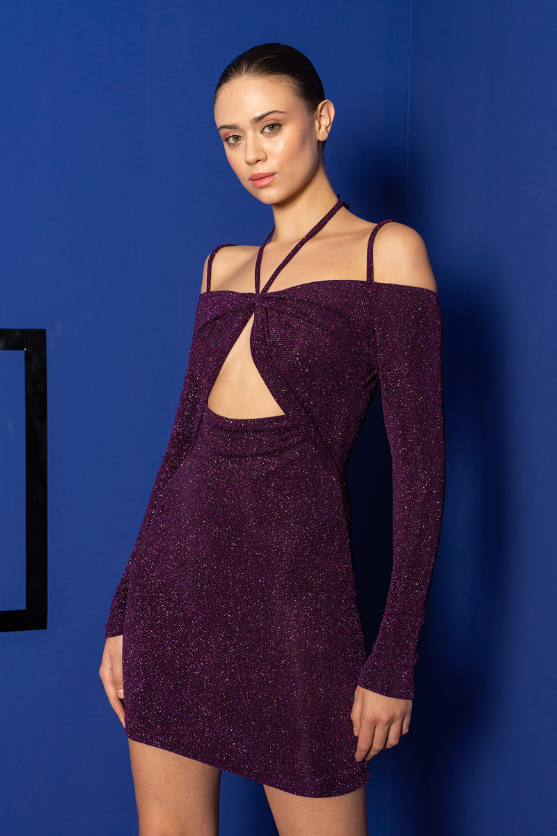 Purple Off-the-Shoulder Strappy Mini Dress