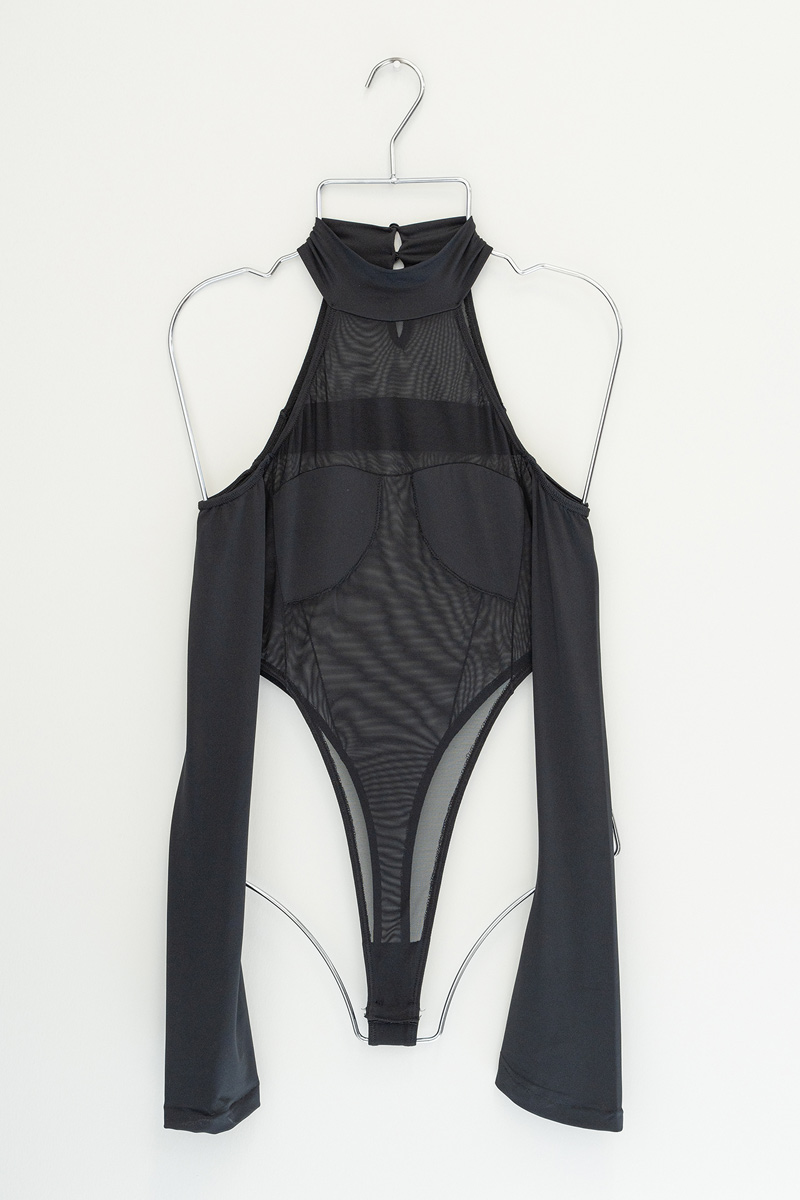 Wholesale Sheer Black Cut Out Shoulder Bodysuit
