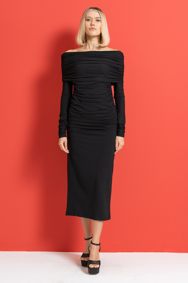 Black Off-the-Shoulder Ruched Dress