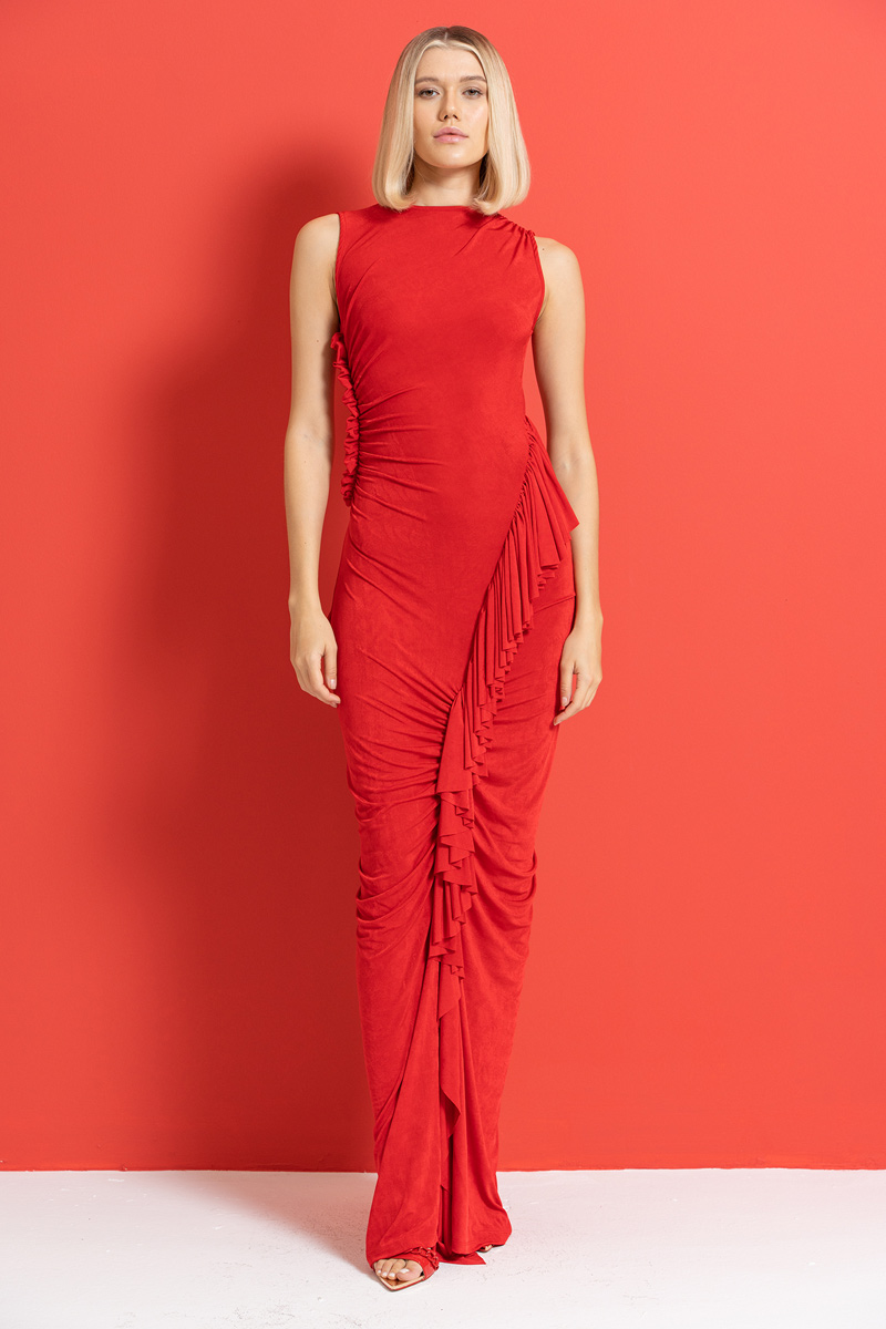 Red Shirred Sleeveless Maxi Dress