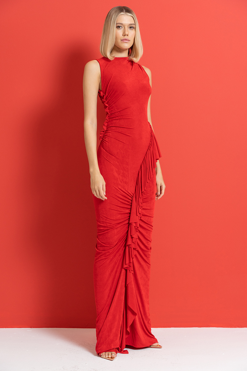 Wholesale Red Shirred Sleeveless Maxi Dress