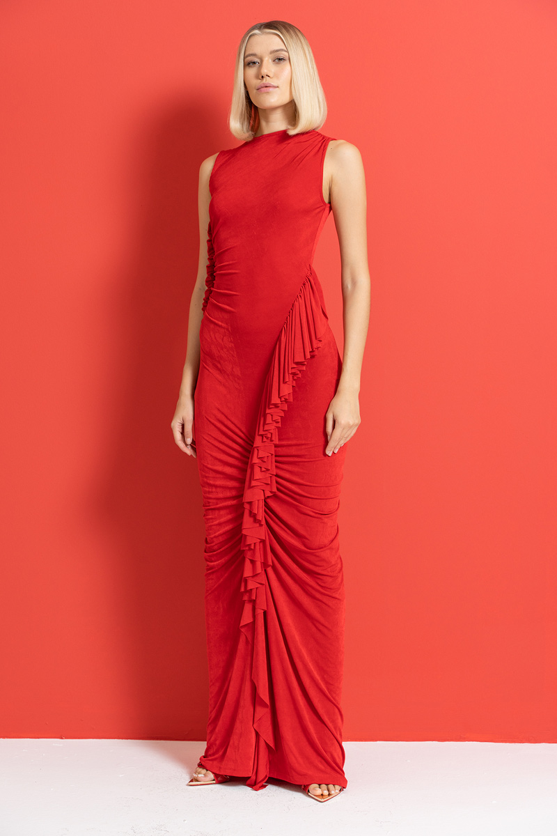 Red Shirred Sleeveless Maxi Dress