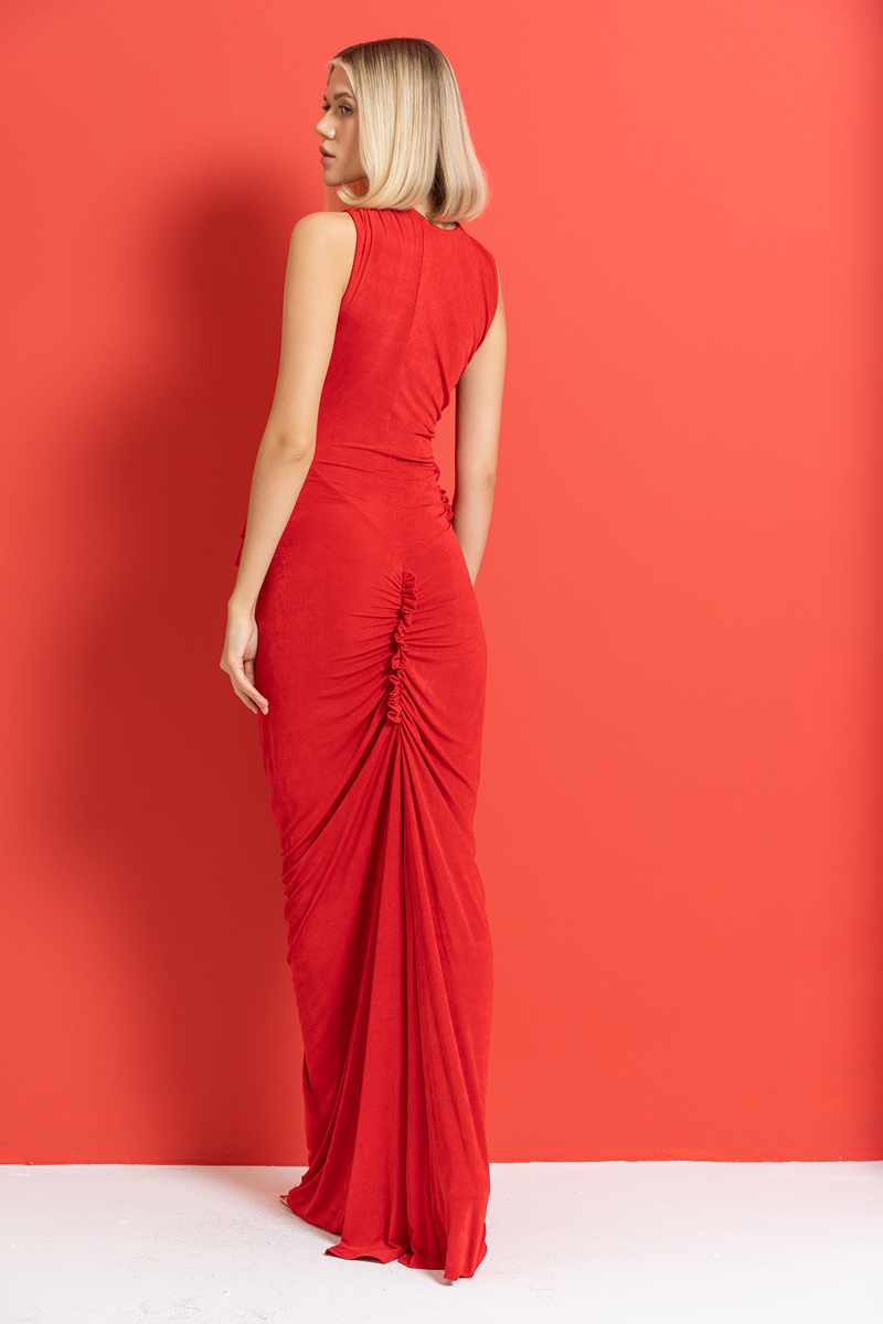 Wholesale Red Shirred Sleeveless Maxi Dress