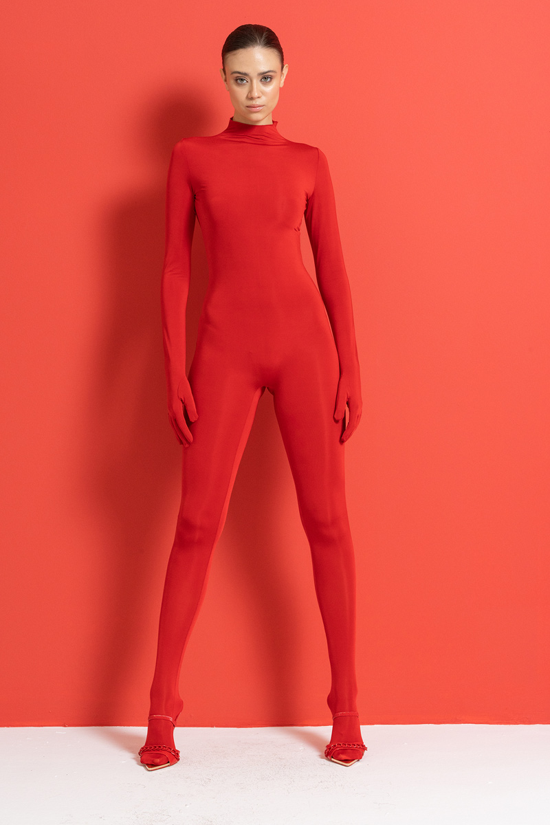 Red Footed Catsuit with Gloves
