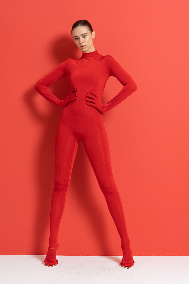 Red Footed Catsuit with Gloves