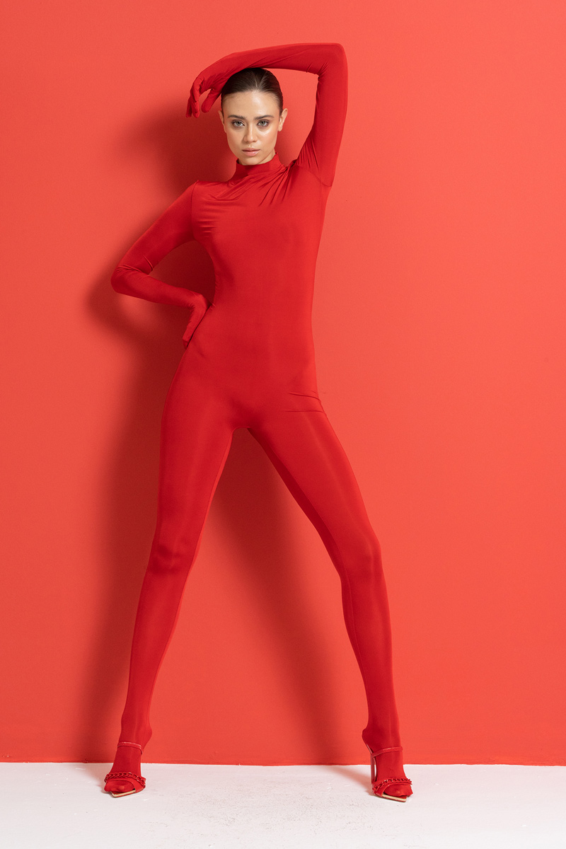 Wholesale Red Footed Catsuit with Gloves