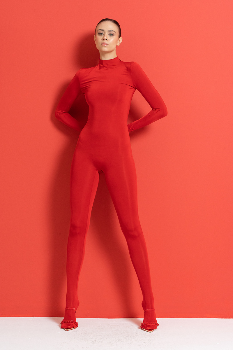 Wholesale Red Footed Catsuit with Gloves