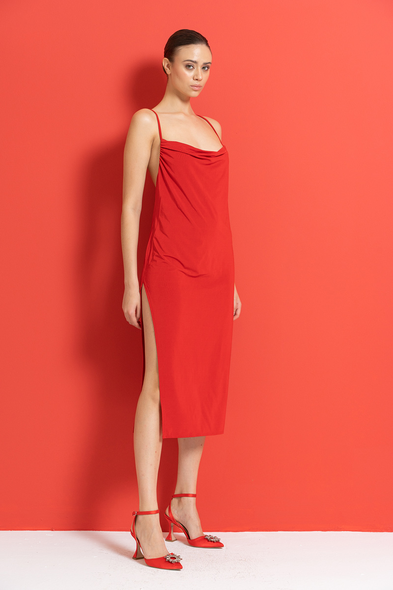 Wholesale Red Cowl Neck Split-Leg Dress