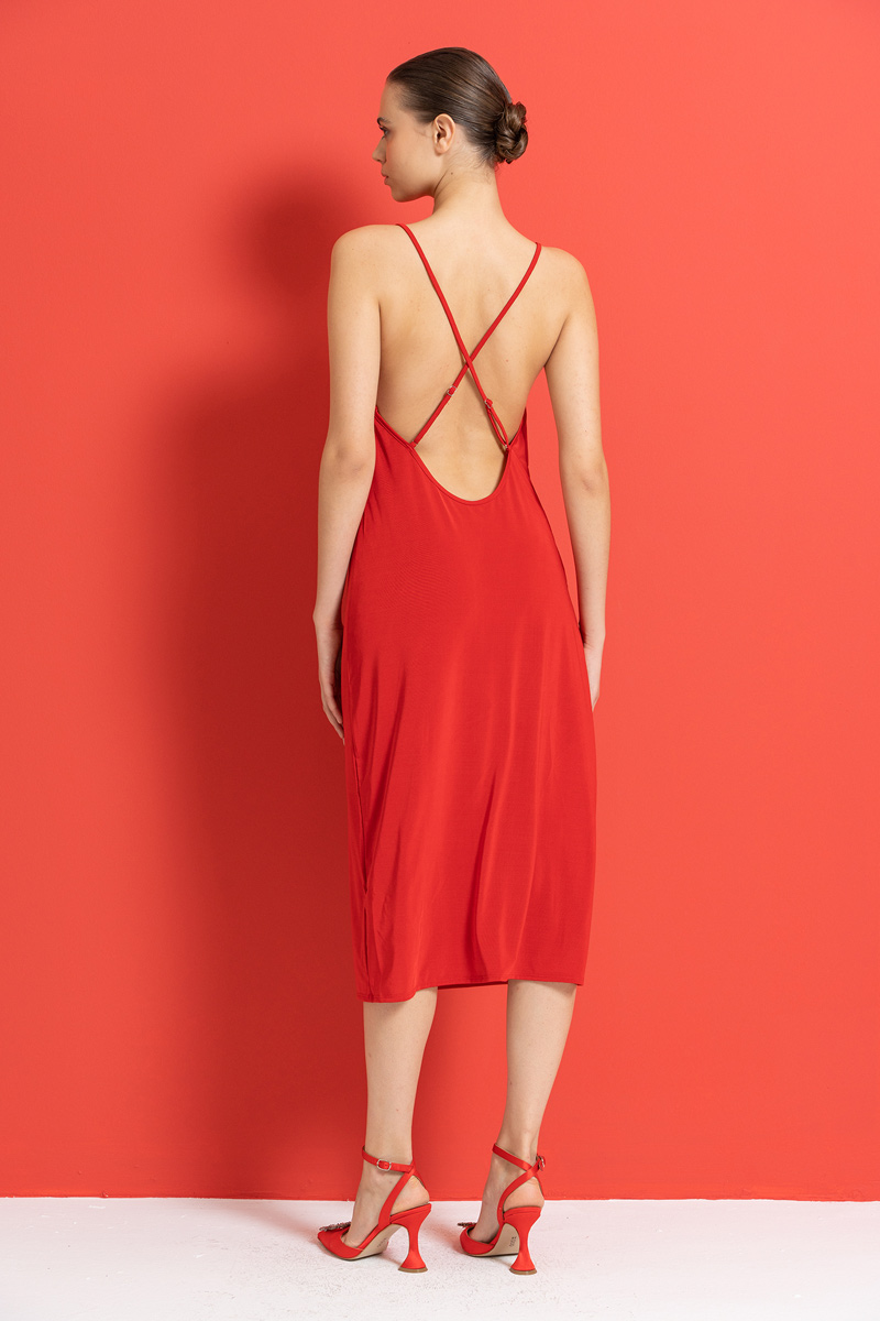 Red Cowl Neck Split-Leg Dress