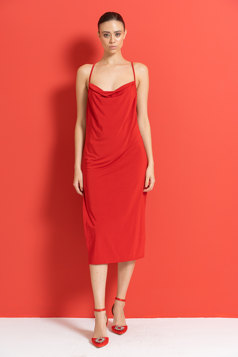 Red Cowl Neck Split-Leg Dress
