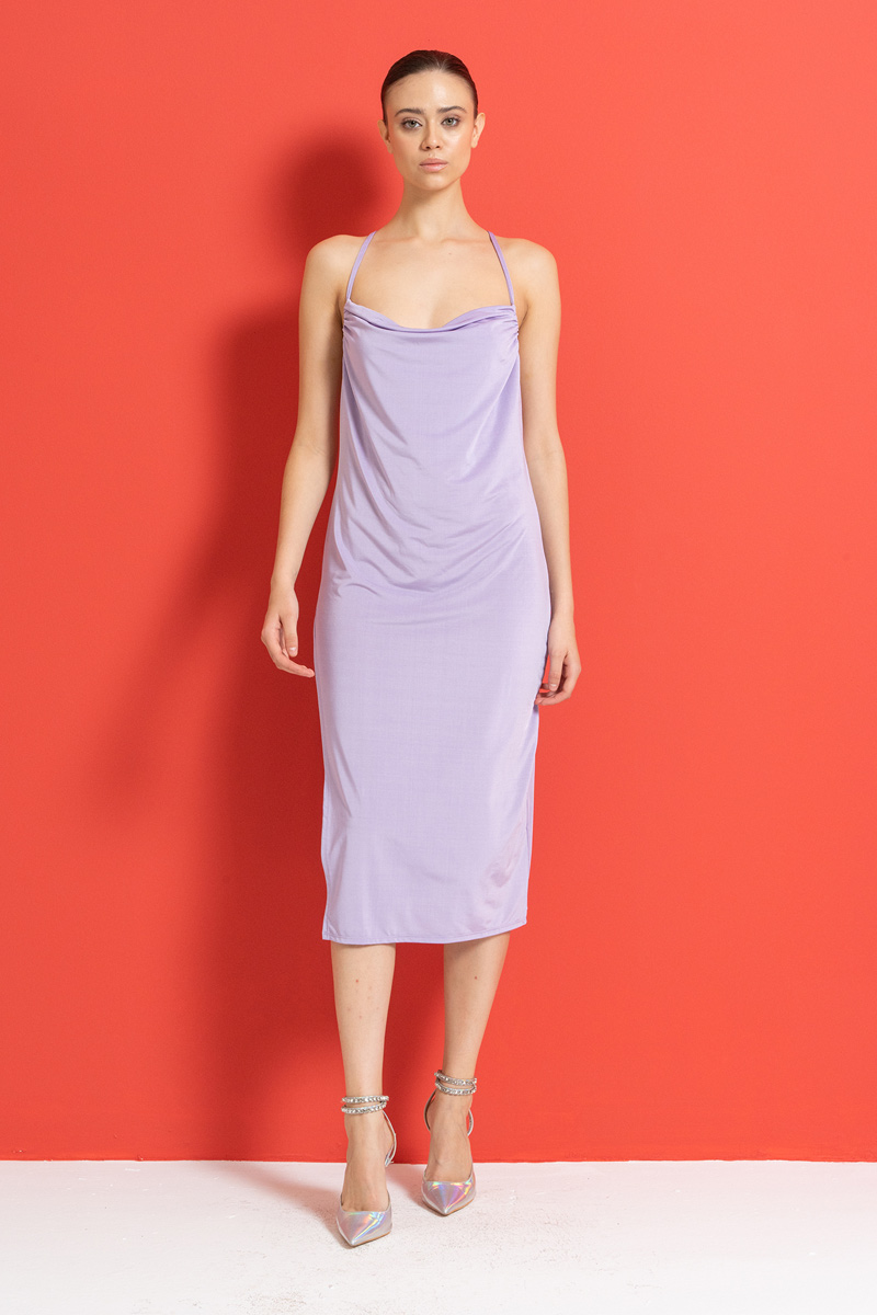 Wholesale New Lilac Cowl Neck Split-Leg Dress