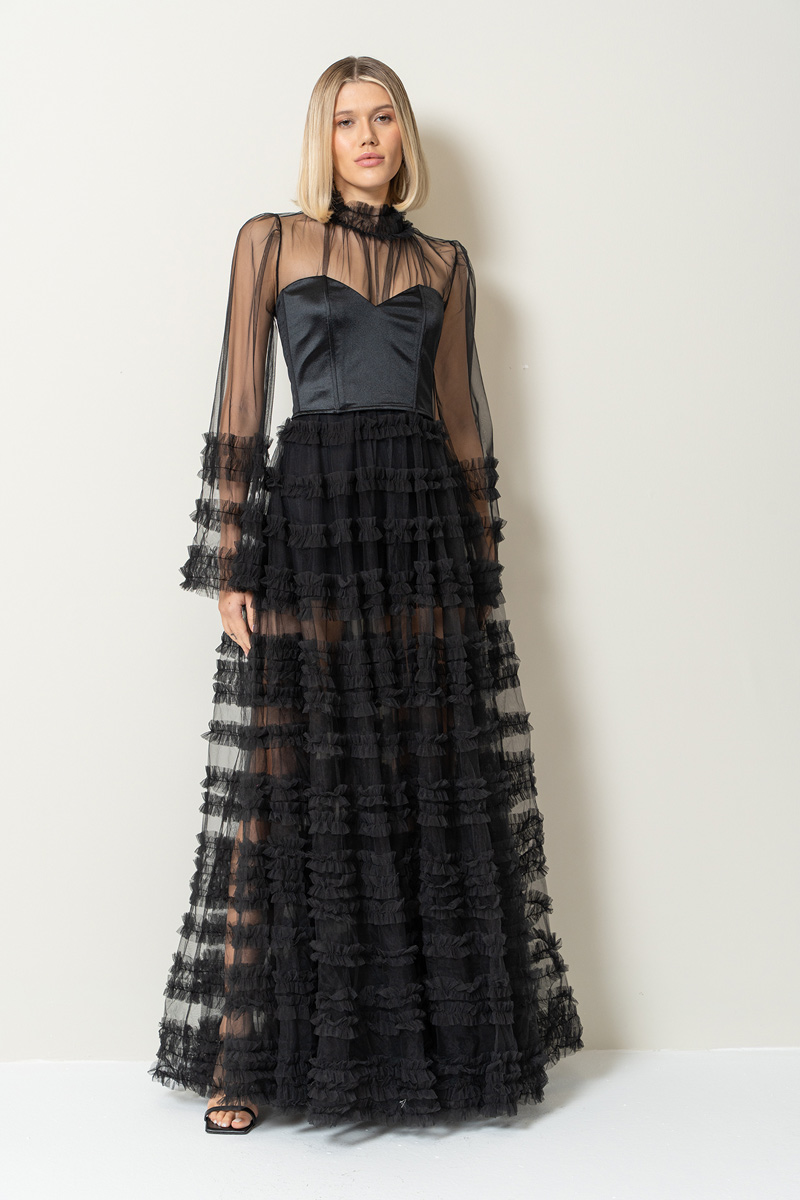 Toptan Siyah Fırfırlı Maxi Transparan Elbise