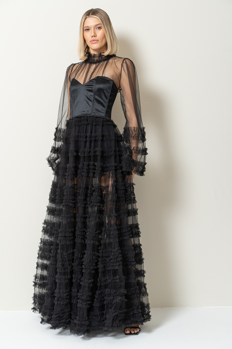 Toptan Siyah Fırfırlı Maxi Transparan Elbise