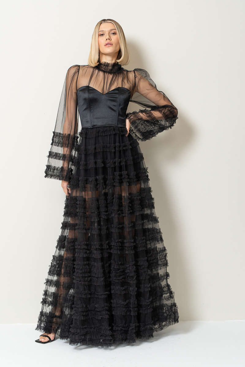 Siyah Fırfırlı Maxi Transparan Elbise