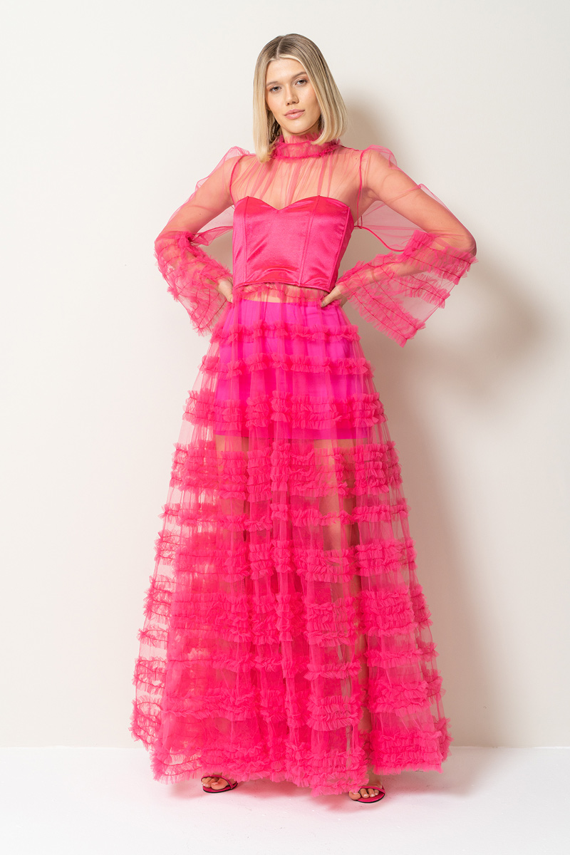 Wholesale Sheer Fuchsia Ruffled Maxi Dress