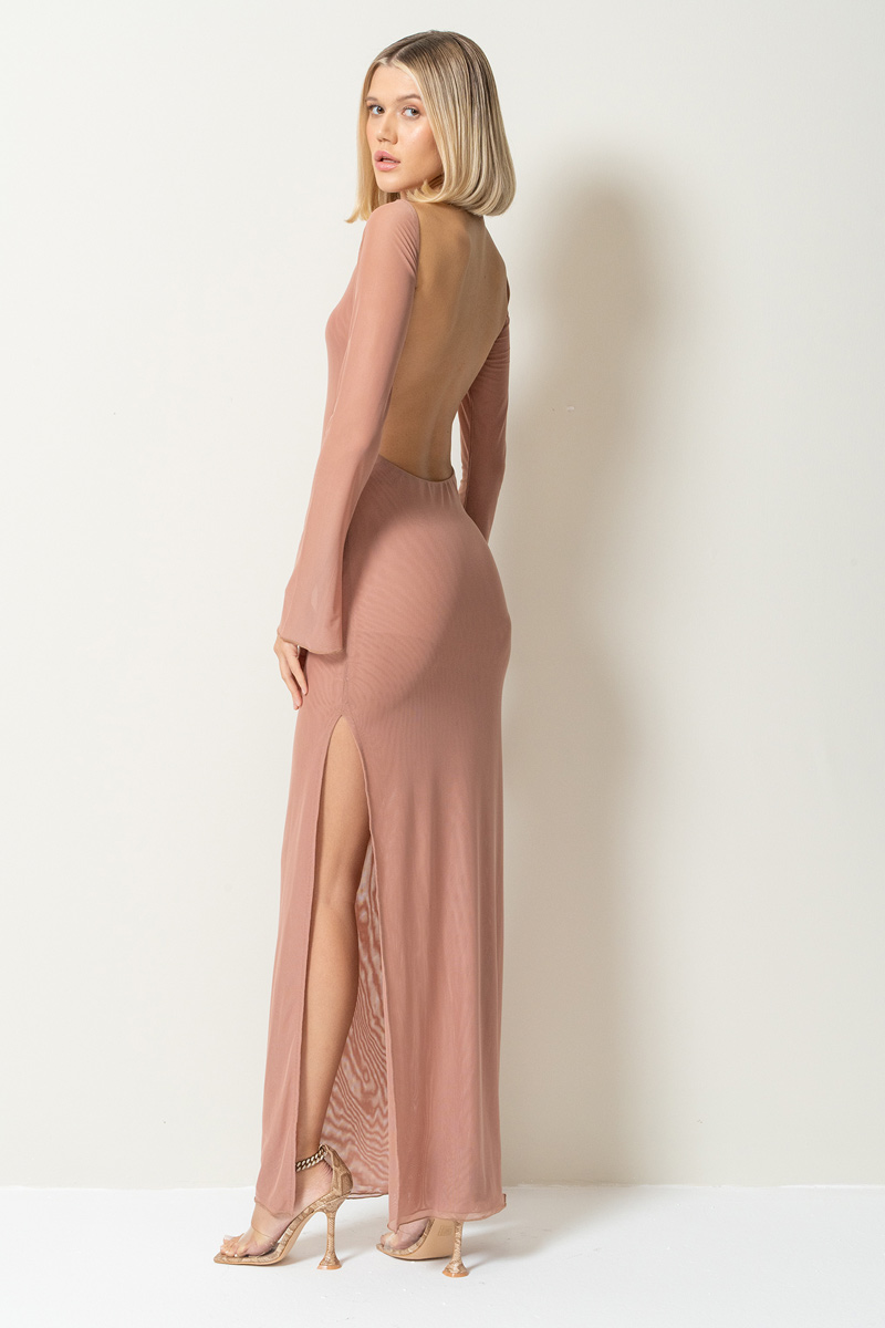 Wholesale Caramel Backless Split-Leg Mesh Maxi Dress
