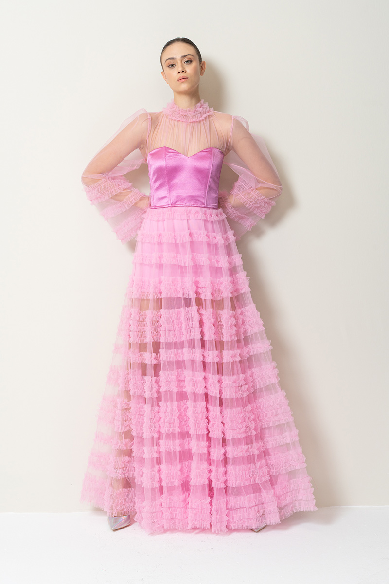 Wholesale Sheer Pink Ruffled Maxi Dress