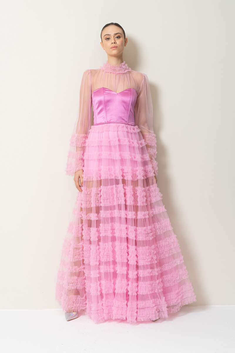 Sheer Pink Ruffled Maxi Dress