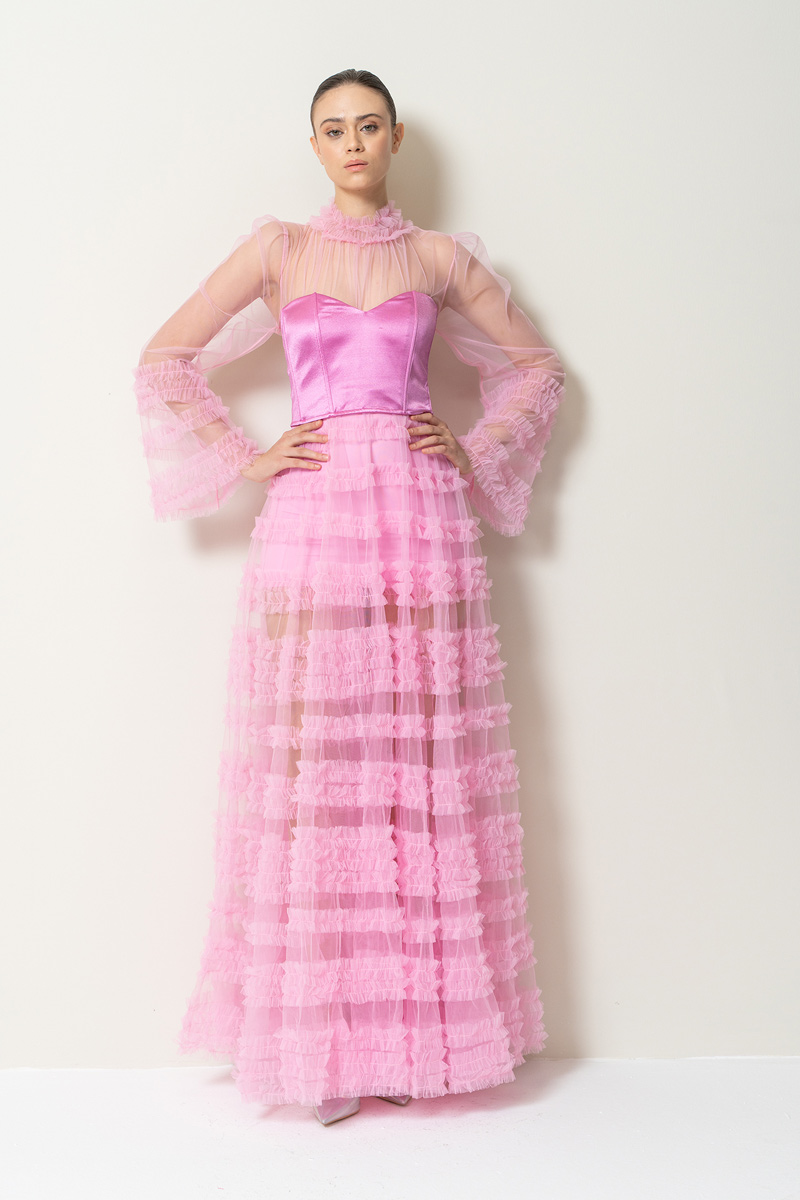 Sheer Pink Ruffled Maxi Dress