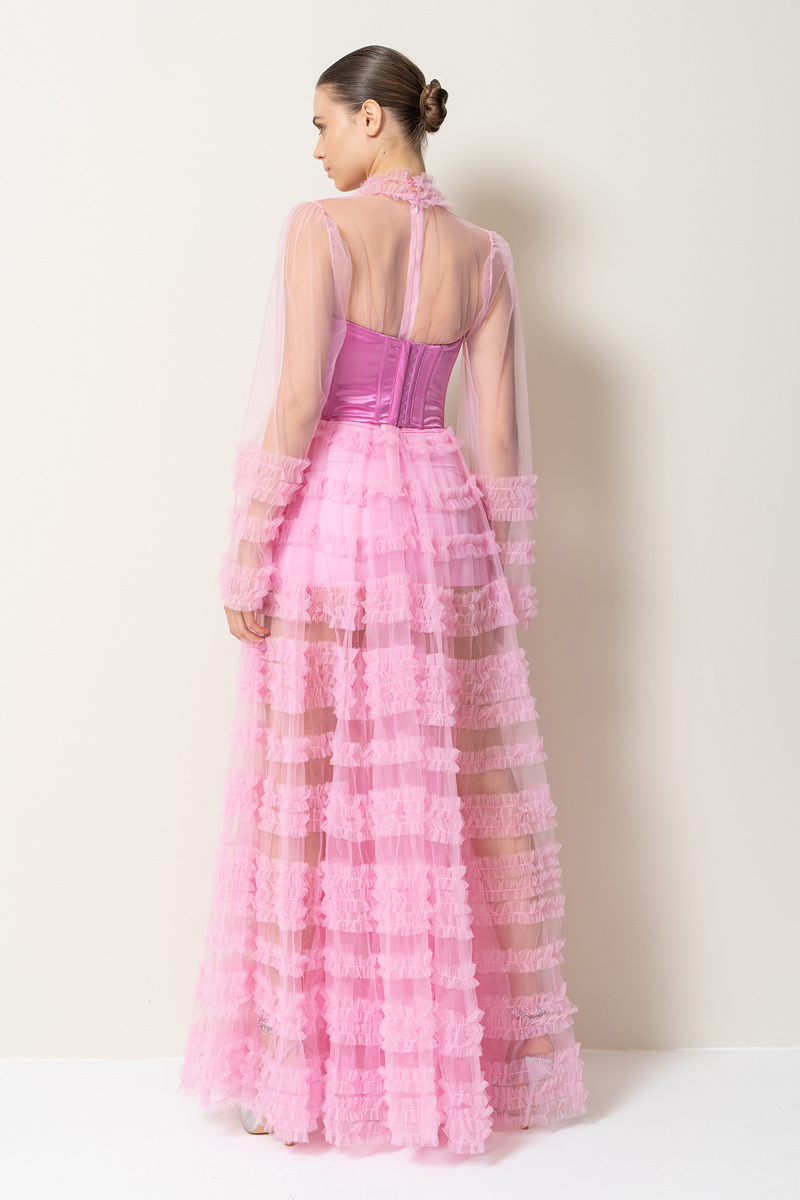 Pembe Fırfırlı Maxi Transparan Elbise