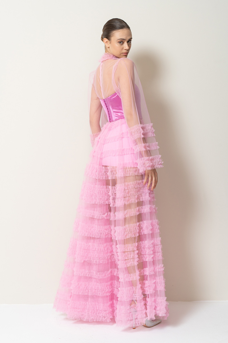 Высокий Воротник с Оборками Pink Длинное Платье из Тюля