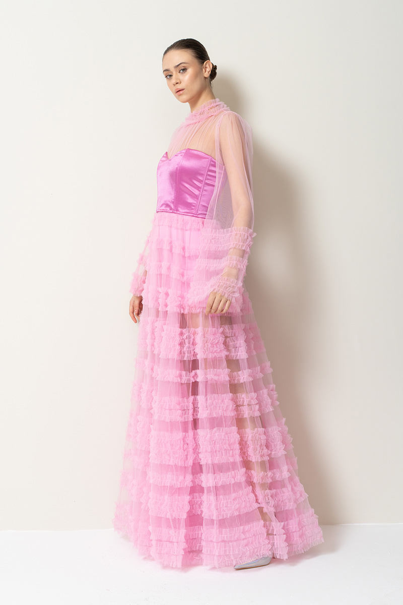 Sheer Pink Ruffled Maxi Dress