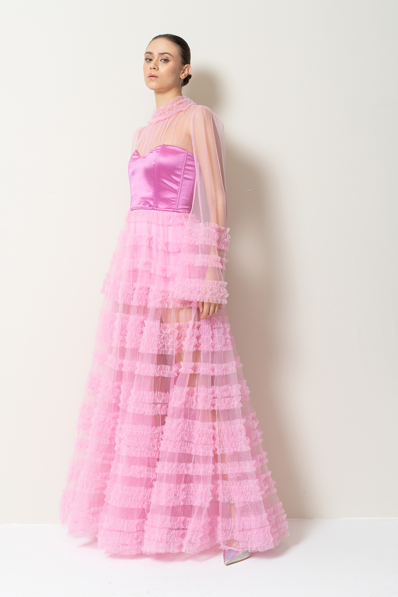 Wholesale Sheer Pink Ruffled Maxi Dress