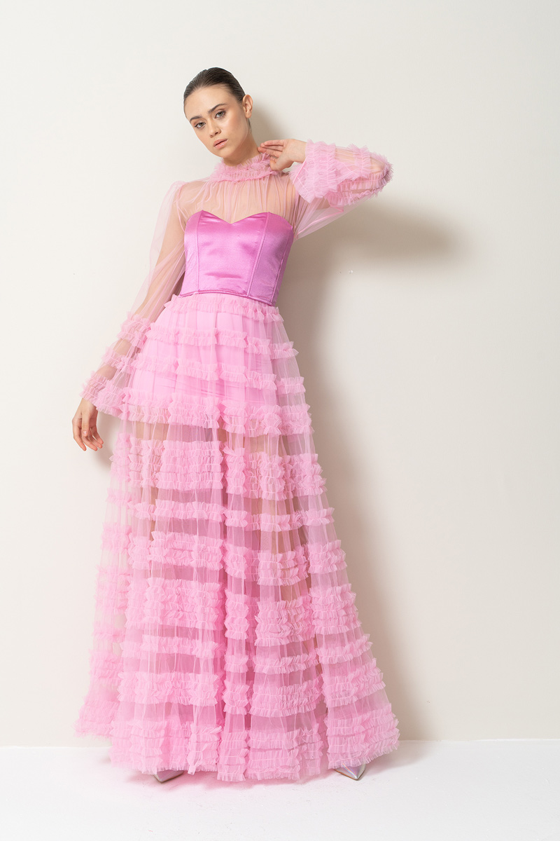 Высокий Воротник с Оборками Pink Длинное Платье из Тюля