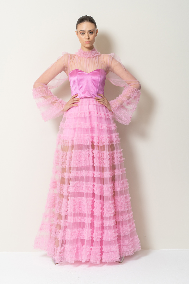 Sheer Pink Ruffled Maxi Dress