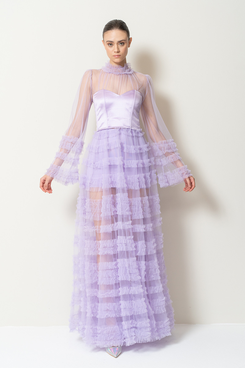 Высокий Воротник с Оборками Lilac Длинное Платье из Тюля