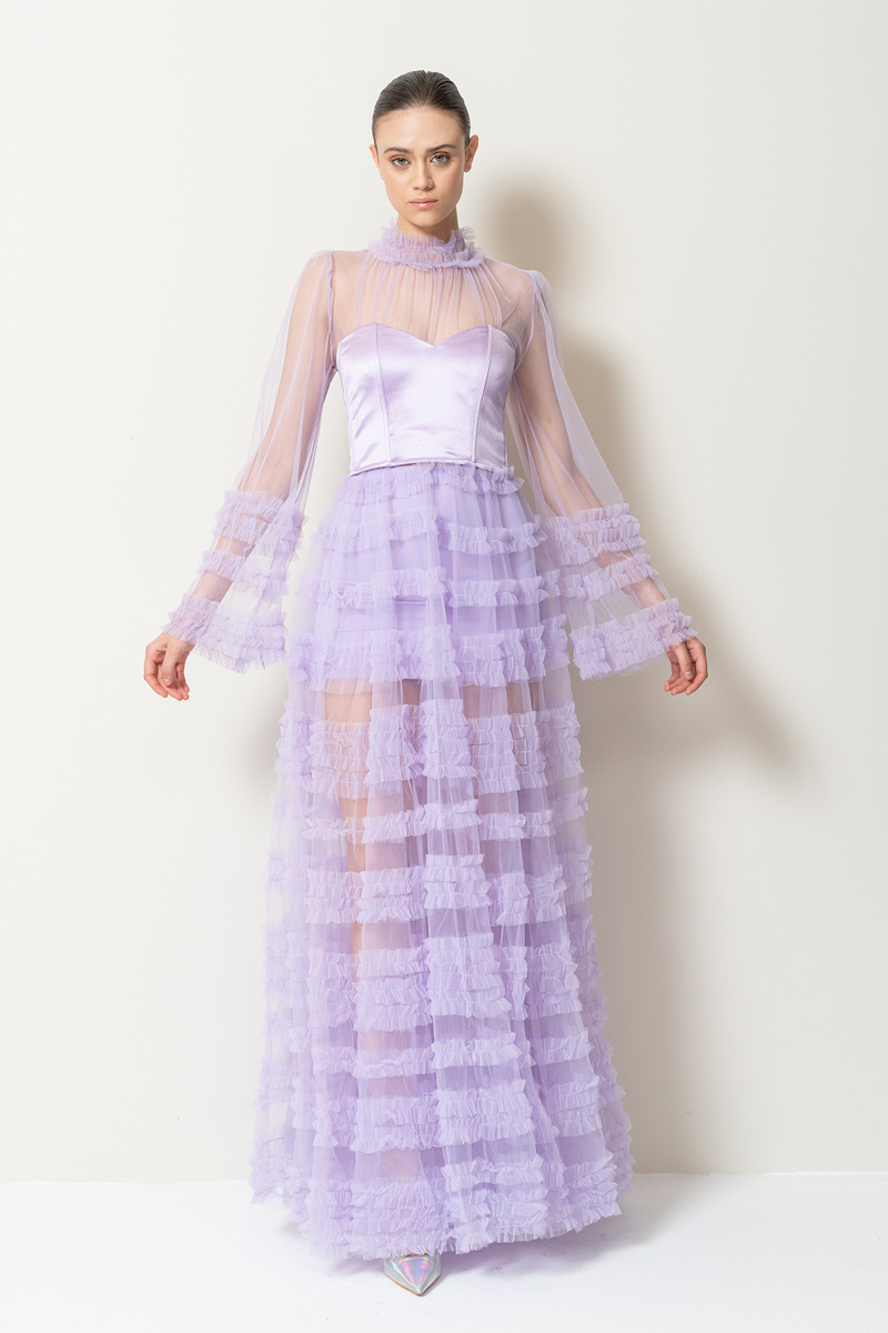 Sheer Lilac Ruffled Maxi Dress