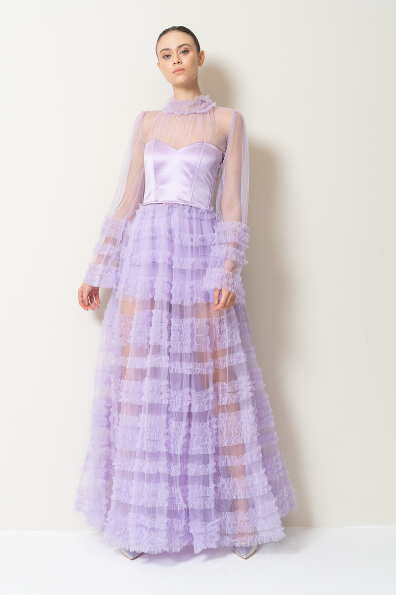 оптовая Высокий Воротник с Оборками Lilac Длинное Платье из Тюля