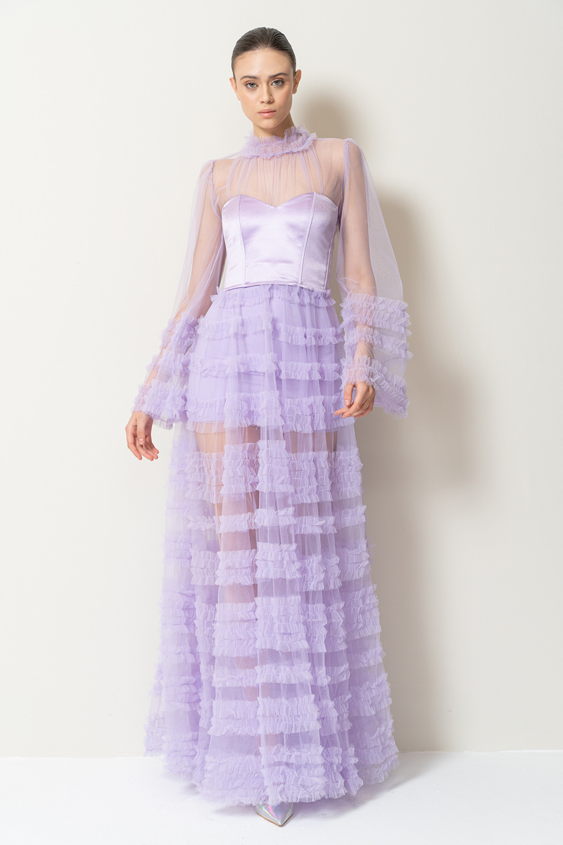 Lila Fırfırlı Maxi Transparan Elbise