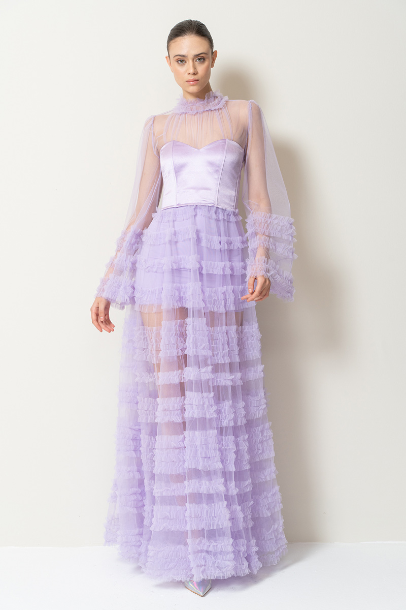 Sheer Lilac Ruffled Maxi Dress