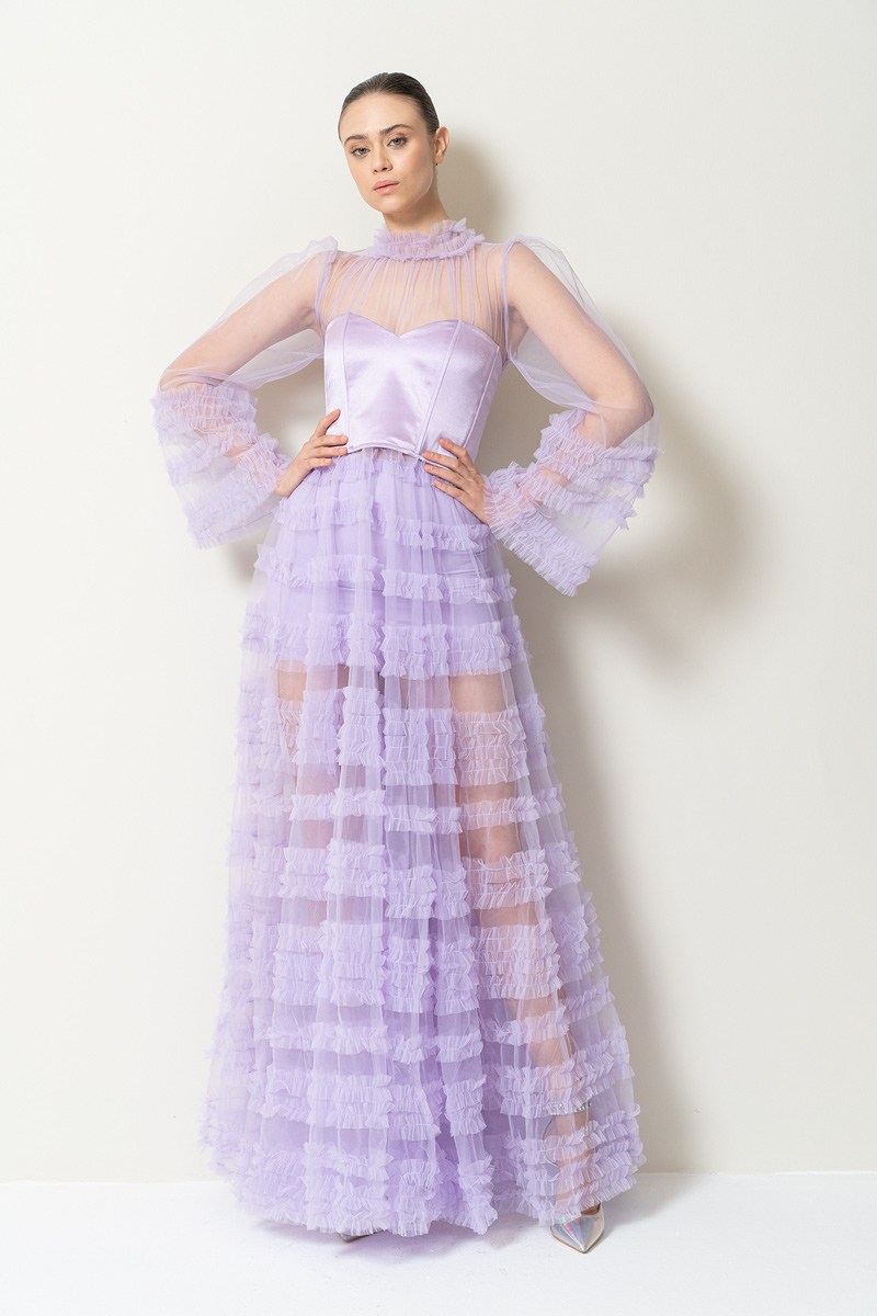 Lila Fırfırlı Maxi Transparan Elbise