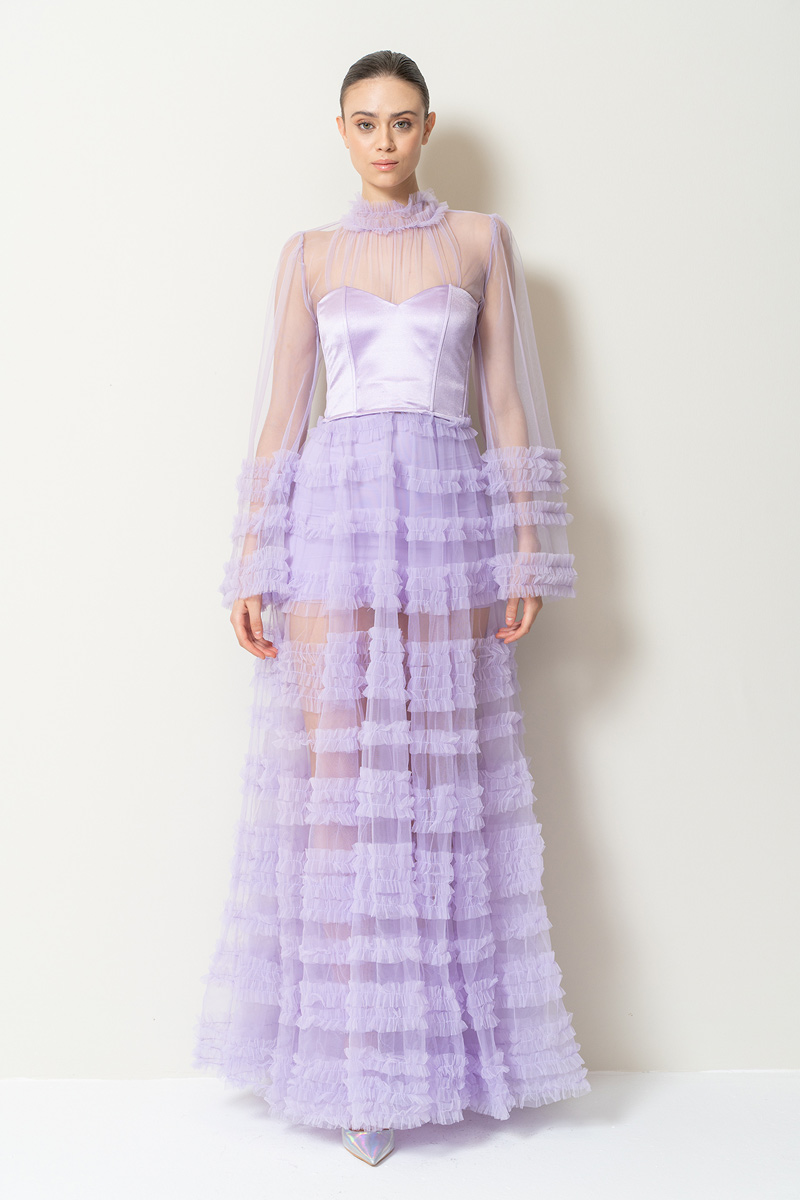 Wholesale Sheer Lilac Ruffled Maxi Dress