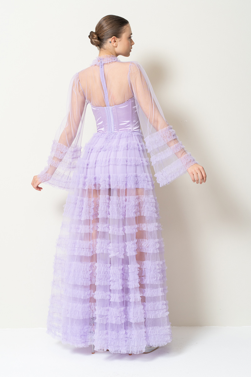 Wholesale Sheer Lilac Ruffled Maxi Dress