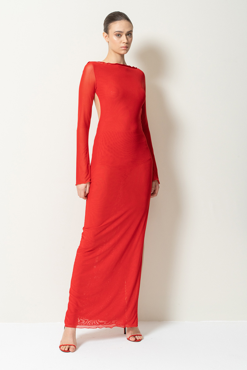 Wholesale Red Backless Split-Leg Mesh Maxi Dress