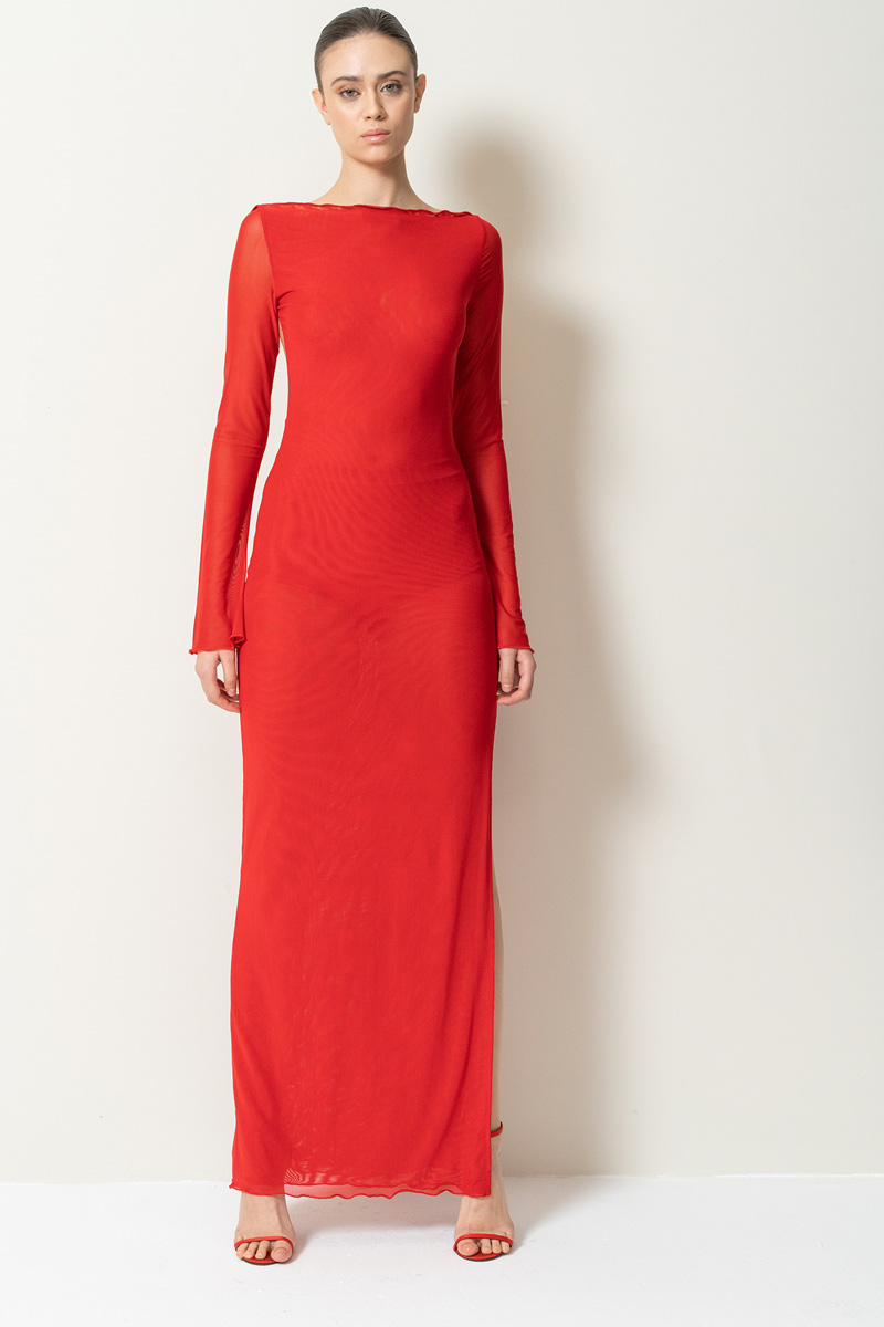 Red Backless Split-Leg Mesh Maxi Dress