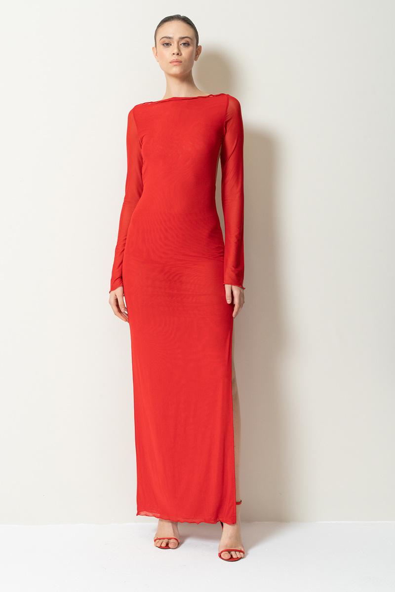 Wholesale Red Backless Split-Leg Mesh Maxi Dress