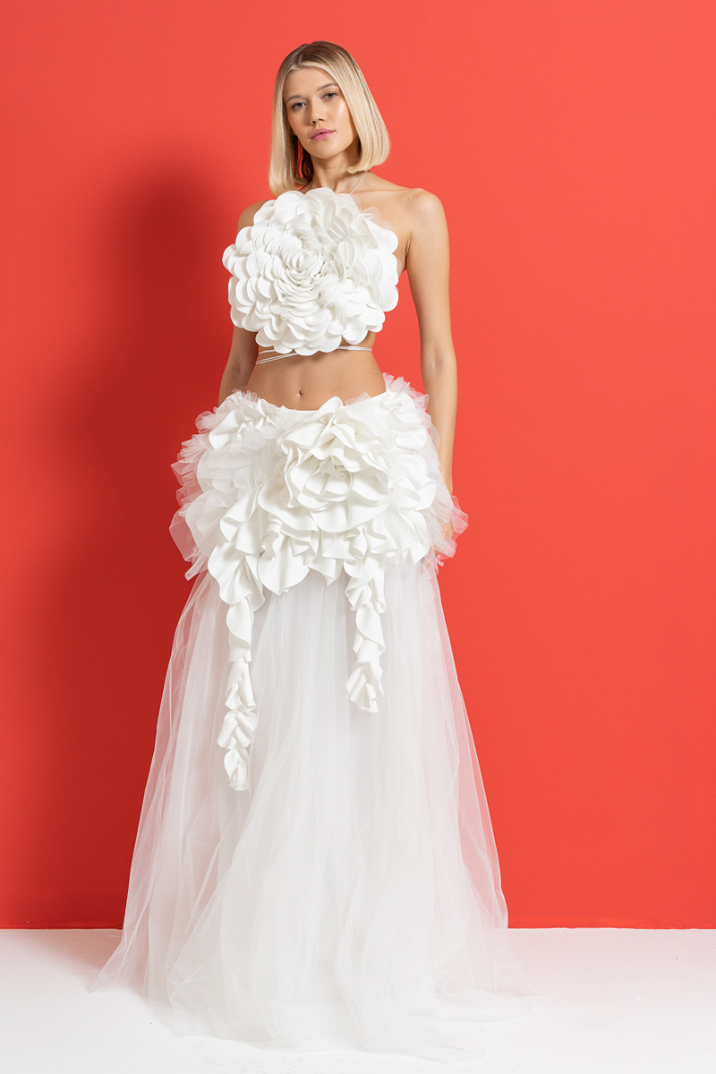 Wholesale Offwhite Rose-Accent Ruffle Skirt